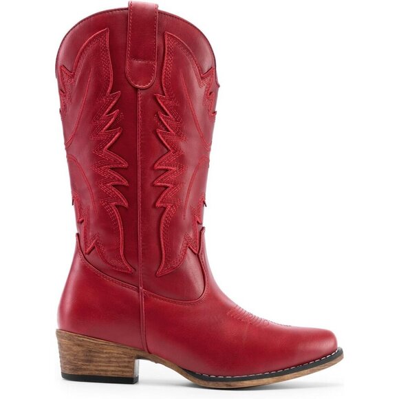 Women's Embroidered Red Stitched Chunky Mid Calf Snip Toe Heel Fashion Boot - Picture 4 of 8